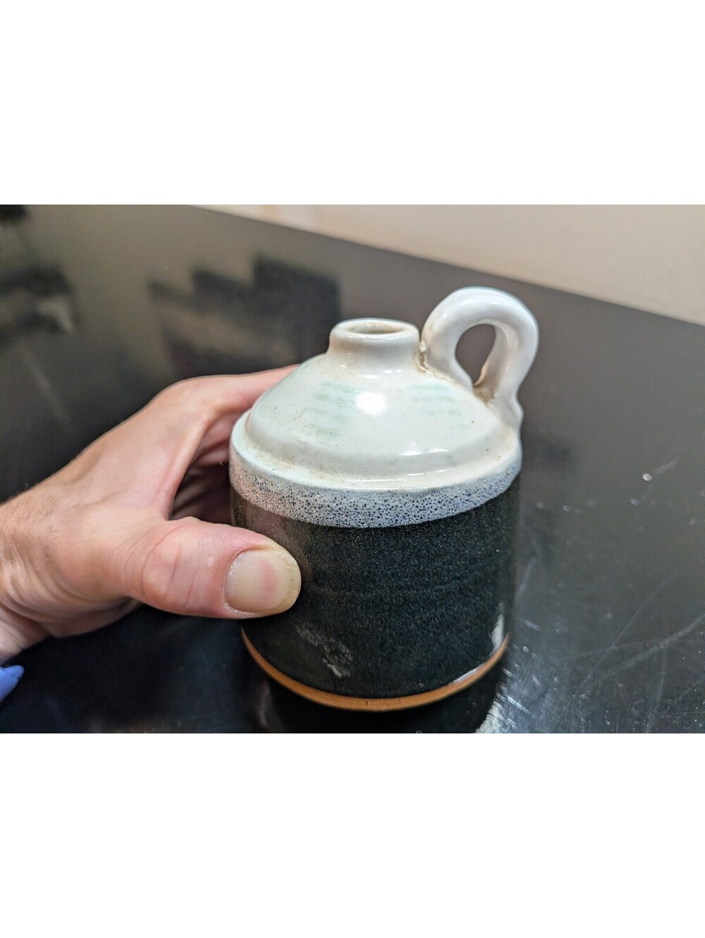 Signed Studio Pottery Stoneware Jug Black Gray Speckled Glaze Incised Initials